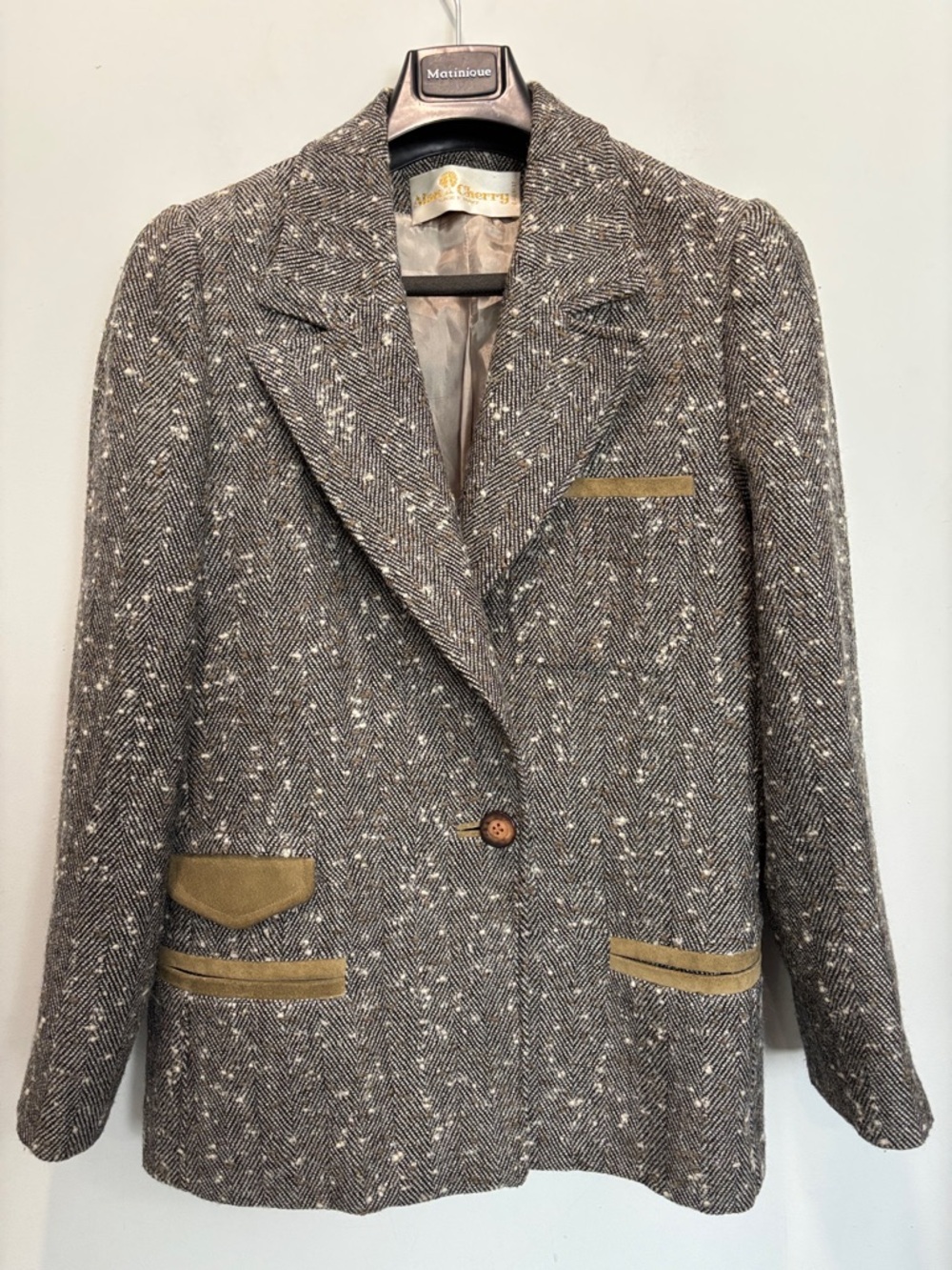 Alan Cherry Herringbone Tweed Blazer Suede Trim Wool Jacket Size 46 - Picture 3 of 15